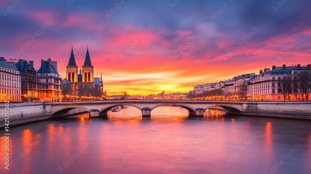Naklejka premium Vibrant Sunset Over European Bridge and River with Historic Architecture