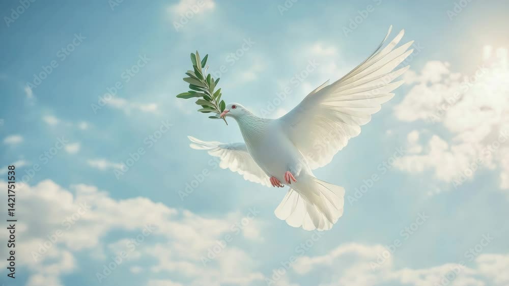 Graceful white dove soars through air, clutching olive branch in beak. Blue peaceful sky background, pigeon symbol of peace, hope. Wings convey freedom, tranquility. Harmony, spirituality. Love sign.