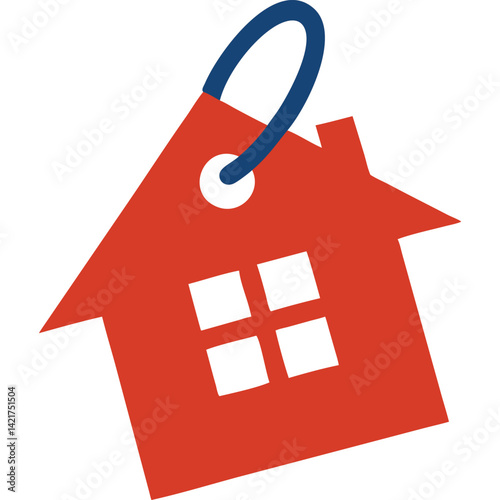 Red house-shaped tag with a blue ring, ideal for real estate or home-related concepts.