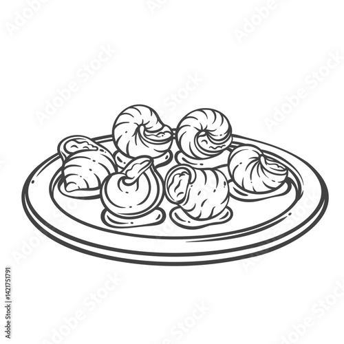 Escargots de Bourgogne, French seafood recipe outline. Cooked snails with butter, garlic and herbs on plate. Cuisine of France, delicacy appetizer mascot, cartoon stewed escargots vector illustration