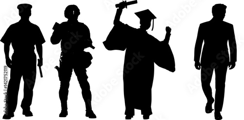Silhouette illustrations of human characters with various professions such as police, soldiers, graduates, and businessmen, depicting the diversity of roles in society in an elegant black style.