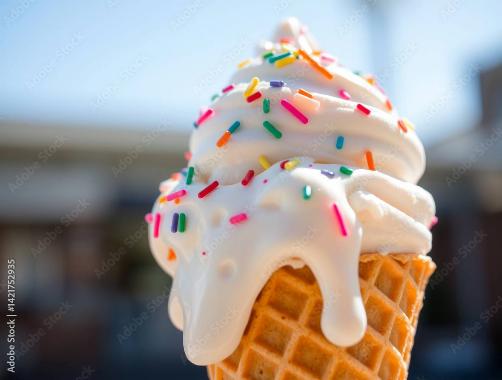 AI-generated image of a delicious soft serve ice cream cone with colorful sprinkles, melting slightly under bright summer sunlight, perfect for food advertising and seasonal promotions.