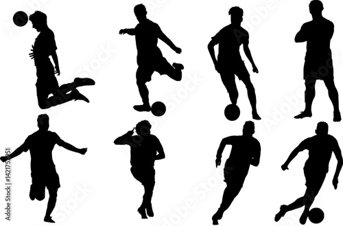 Silhouette illustrations of soccer player characters in various action styles such as kicking, dribbling, and heading the ball, showing the dynamics of sports movements with a bold black look.