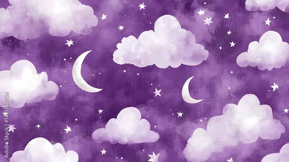 Watercolor night sky seamless pattern clouds stars moon purple background. Celestial Fabric. Illustration