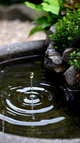 Tranquil Garden Scene with Droplets Falling into a Still Pond