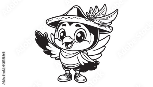 Vector illustration of cartoon bird black and white drawing For children to learn to color according to the picture.