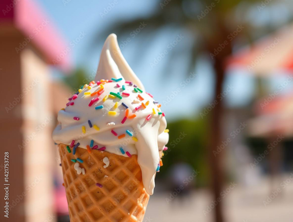AI-generated image of a delicious soft serve ice cream cone with colorful sprinkles, melting slightly under bright summer sunlight, perfect for food advertising and seasonal promotions.