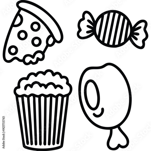 Hand-drawn black and white illustration of pizza, candy, popcorn.