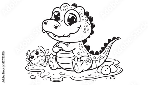 Vector illustration of cartoon dinosaur black and white drawing For children to learn to color according to the picture.