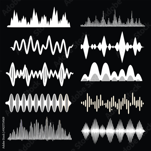 Collection of various sound wave forms, audio frequency visualizations, and waveform patterns.