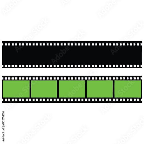 Film strip with black and green frames, isolated on white background.