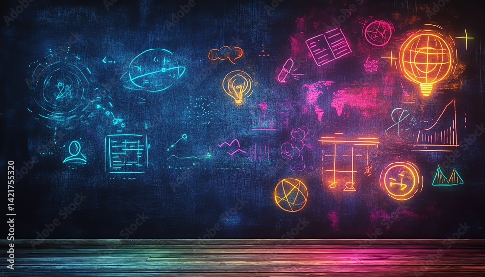 Fototapeta premium Neon chalkboard with global ideas, innovation, and technology concepts.