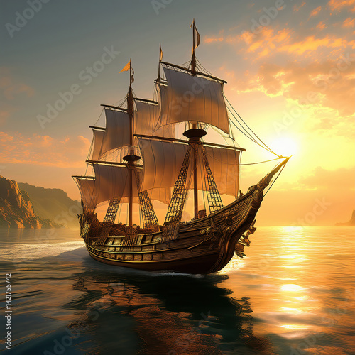 Generative AI Sailing Ship at Sunset