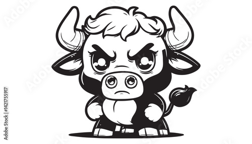 Vector illustration of cartoon bull black and white drawing For children to learn to color according to the picture.