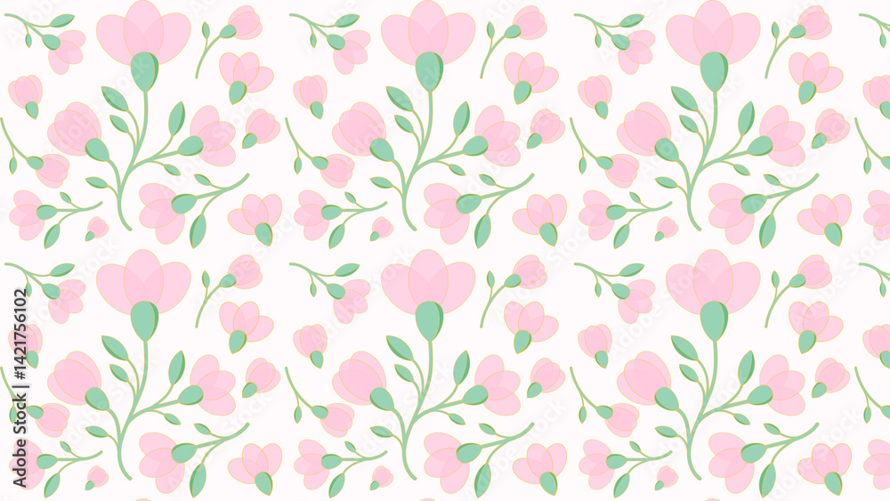 Simple seamless pattern of pink flowers and green leaves. Romantic blooming floral pattern for spring and summer. Simple seamless pattern of pink flowers and green leaves. Romantic blooming floral pattern for spring and summer.