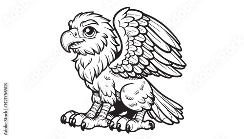 Vector illustration of cartoon eagle black and white drawing For children to learn to color according to the picture.