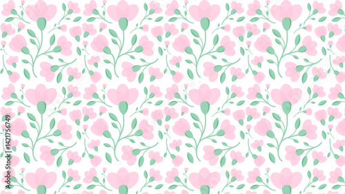 Simple seamless pattern of pink flowers and green leaves. Romantic blooming floral pattern for spring and summer.
