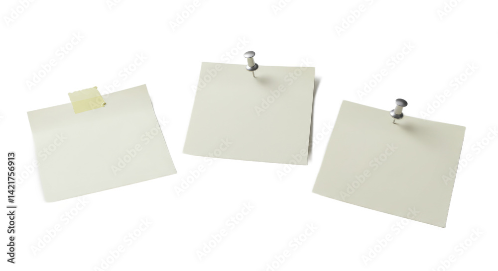 Three Blank White Square Sticky Notes With Pins And Tape On Transparent Backgrounds Three Blank White Square Sticky Notes With Pins And Tape On Transparent Backgrounds