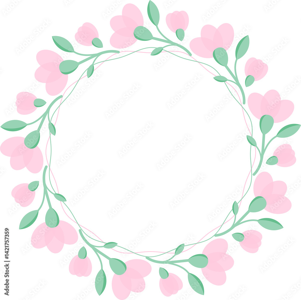 Fototapeta premium Abstract wreath of soft pink flowers and light green leaves. Illustration for invitation or greeting card. Colorful illustration for text message. Text.
