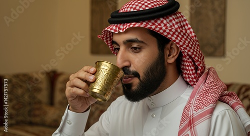 Arabian Man Enjoying Traditional Coffee photo