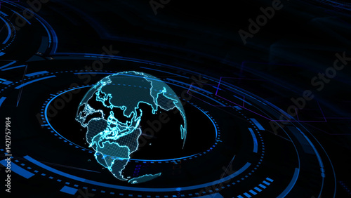 Digital World Map with Futuristic Technology Elements and Data