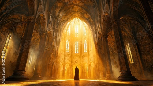 A saintly figure standing in a glowing cathedral