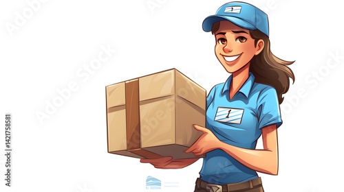 Professional young woman delivering package and knocking on door for courier service