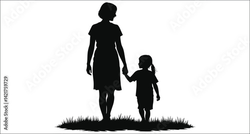 Mother And Daughter Walking Together Silhouette Vector On A White Background