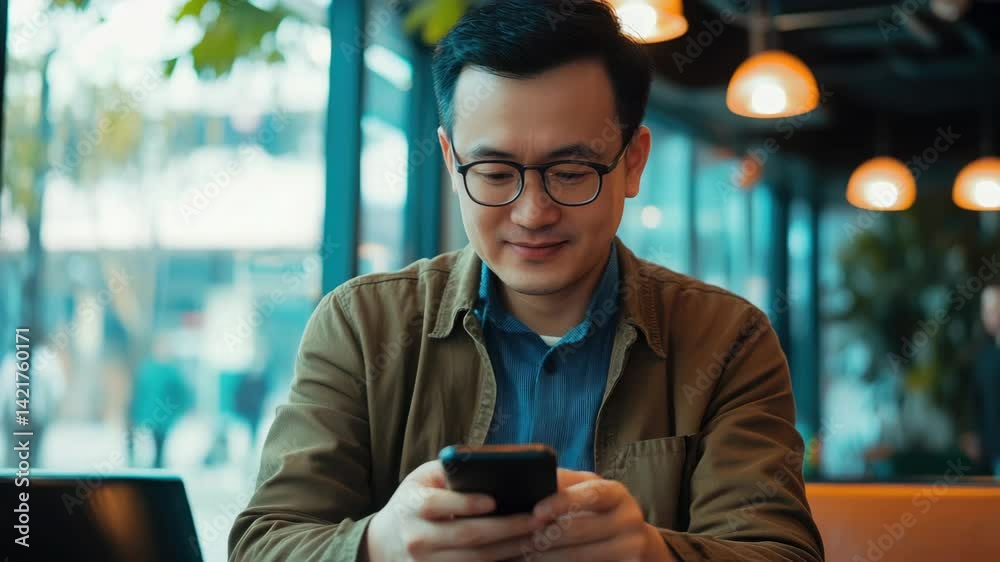 Asian young man freelancer use modern gadget. Guy chatting mobile cell phone. Carefree male person connect social media at cowork cafe. Smartphone communication. Person type sms, freelance work.