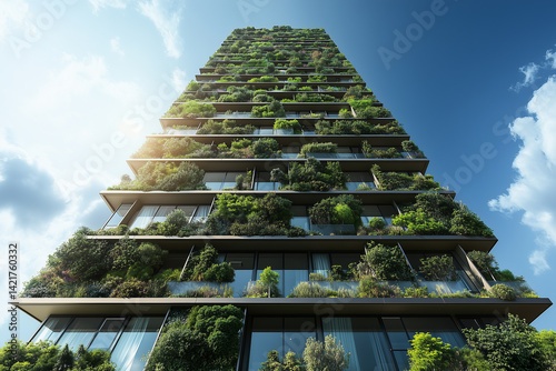 Urban office tower with green facades, sunlight streaming through glass windows