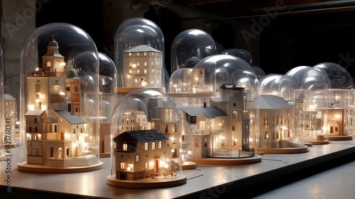 European architecture inside a capsule. Miniature toy. AI generated.