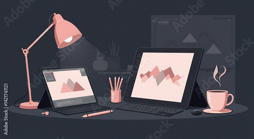 Creative workspace illustration with digital design tools and coffee break