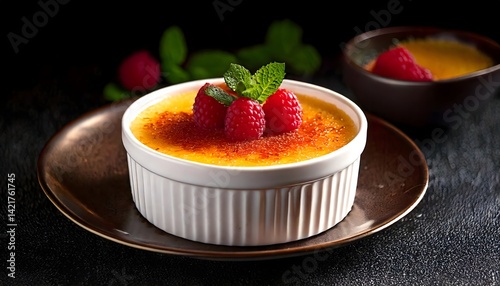 Delicious crème brûlée with caramelized sugar crust, raspberries, and mint in a ramekin on bronze plate