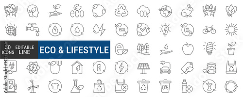 Eco lifestyle, green energy editable icon set. Thin line vector illustration of solar, wind, hydro, nuclear, CO2 neutral symbols.