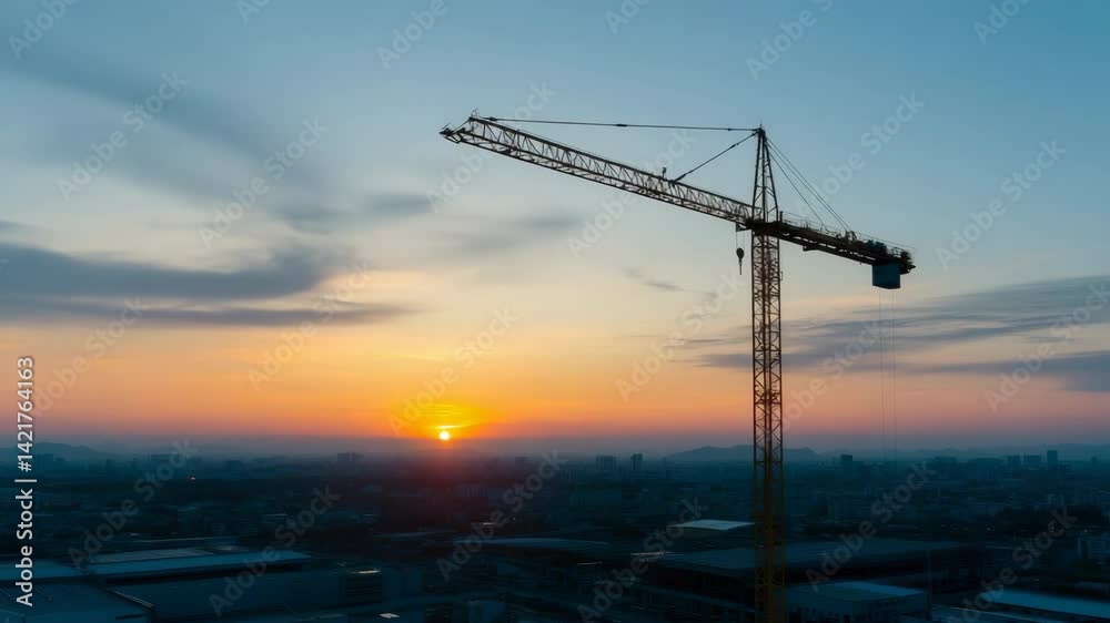 Urban Skyline with Construction Crane at Sunset Vibrant Industry Transformation Urban Skyline with Construction Crane at Sunset Vibrant Industry Transformation