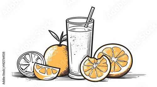 Professional Hand-Drawn Black and White Cartoon Illustration of Orange Juice