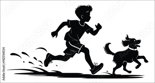 Silhouette Of A Boy And Dog Running Outdoors Playfully Together