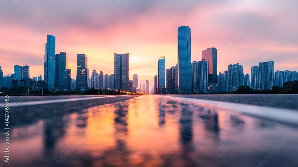 Obraz premium Vibrant Cityscape with Sunset Glow and Reflections on Wet Roads