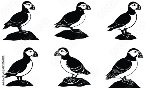 Puffin standing on rock silhouette black vector art design set