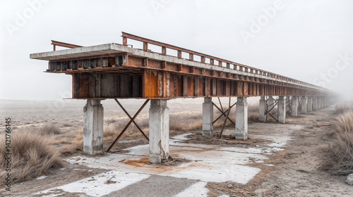 Abandoned rusty bridge disappearing into the fog in a desolate landscape