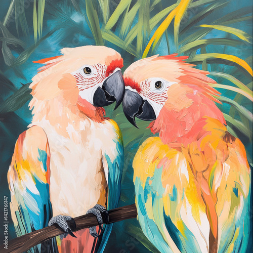 Colorful Painting of Two Macaw Parrots in a Tropical Setting with Lush Greenery