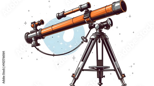 Detailed line drawing cartoon of a telescope for educational and astronomical purposes