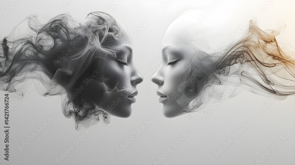 Fototapeta premium Artistic smoke pattern forming dual shapes, symbolizing balance of thought