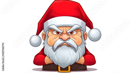 Quirky Cartoon Sticker of a Grumpy Boy Wearing Santa Claus Costume for Festive Holiday Designs