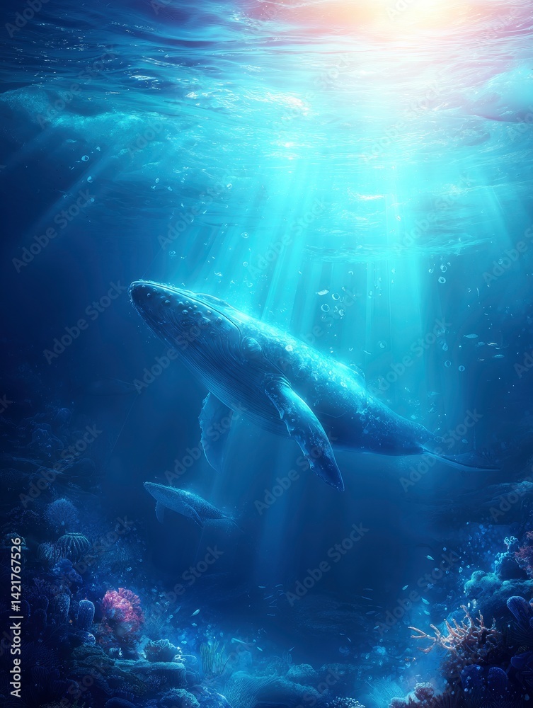 Fototapeta premium Whale Swimming Underwater with Sun Rays and Coral