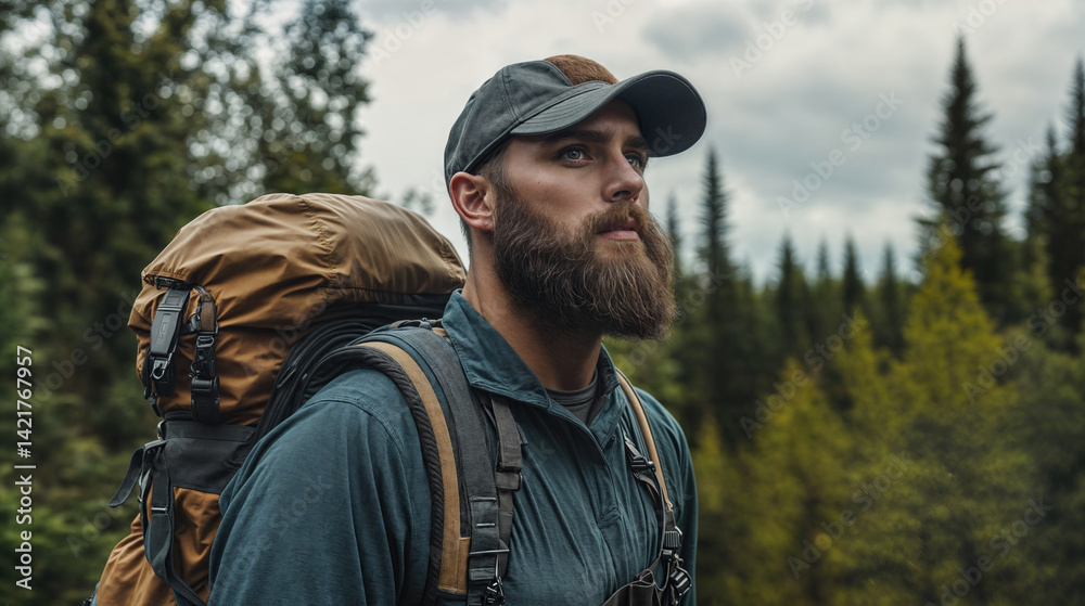 Hiker exploring forest wearing backpack and cap Hiker exploring forest wearing backpack and cap