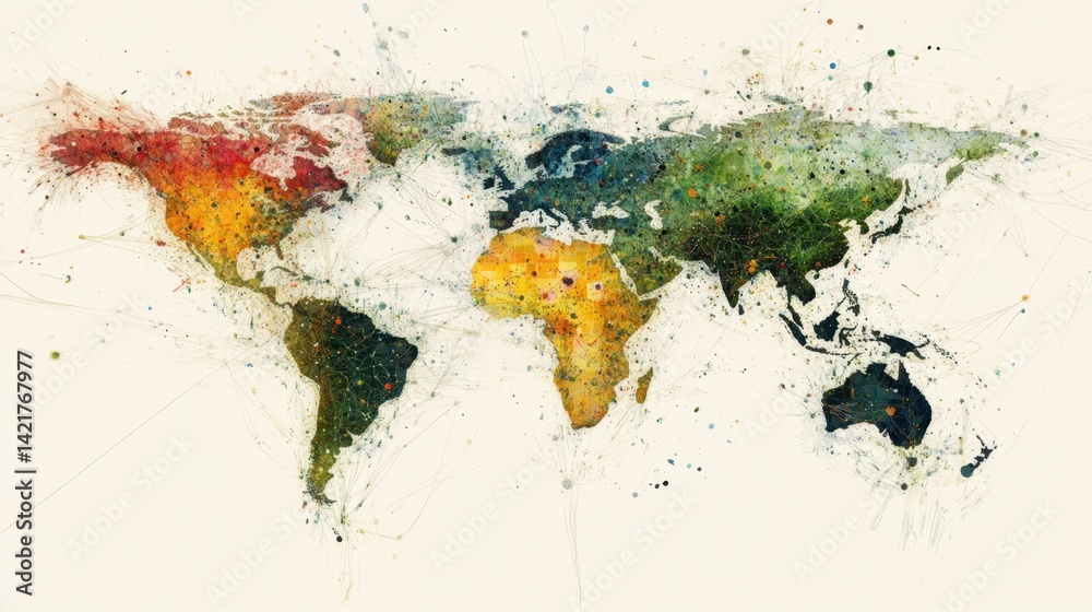Obraz premium Abstract network nodes connecting continents with financial and trade indicators