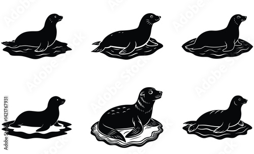 Seal resting on ice silhouette black vector art design set