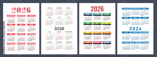 2026 year calendar set. Color vector pocket calender design. Week starts on Sunday. January, February, March, April, May, June, July, August, September, October, November, December