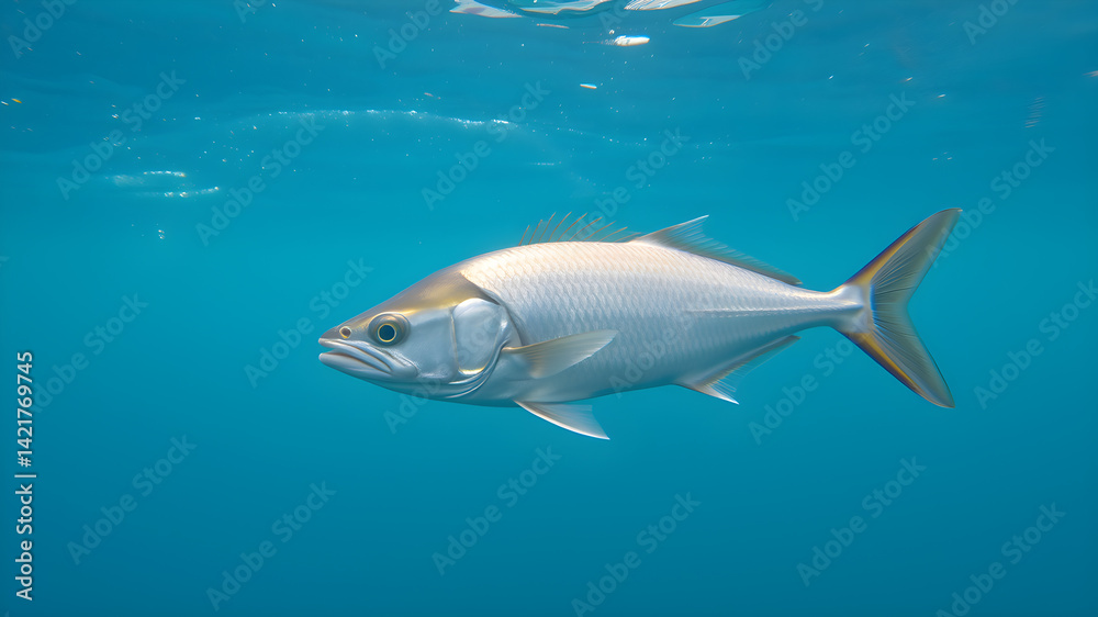 Obraz premium Silver Atlantic herring fish swimming in clear sea water Generative AI